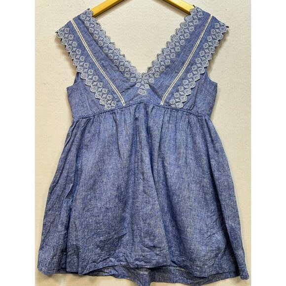 Isabel Maternity Womens Embroidered Chambray V-Neck Blouse Sleeveless Sz XS Blue - Picture 2 of 11